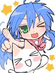  1boy 1girl :3 ahoge blue_hair cat crossover doko_demo_issyo green_eyes inoue_toro izumi_konata lucky_star marumaru_oxox mole mole_under_eye neckerchief one_eye_closed pink_neckerchief red_sailor_collar sailor_collar spiral_fingerprint star_(symbol) white_background white_cat 