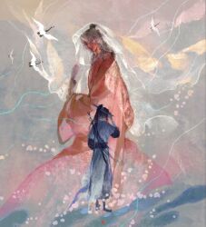  2boys all_wishes_come_true! arm_wrap bird black_hair black_sash blue_hanfu blurry bokeh chinese_clothes closed_mouth coat commentary_request crane_(animal) depth_of_field dkruhd facing_away faux_traditional_media flock full_body hair_bun half_updo hand_fan hand_on_headwear hanfu hat high_ponytail highres holding holding_fan implied_yaoi layered_sleeves leaf_fan light_particles long_hair long_sleeves looking_at_viewer lv_dongbin_(all_wishes_come_true!) male_focus multiple_boys ponytail projected_inset red_coat red_robe robe sash shawl sheath sheathed single_hair_bun standing straw_hat sword sword_on_back sword_tassel tassel veil very_long_hair water watercolor_effect weapon weapon_on_back weapon_tassel wide_sleeves zhongli_quan_(all_wishes_come_true!) 