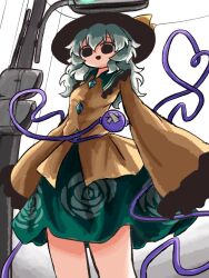  1girl black_eyes black_hat bow buttons collared_shirt commentary_request diamond_button disembodied_linked_eye empty_eyes eyeball floral_print frilled_shirt_collar frilled_sleeves frills green_hair green_skirt hat hat_bow heart heart_of_string heripantomorrow komeiji_koishi long_sleeves open_mouth print_skirt rose_print shirt skirt smile solo stadiometer touhou wide_sleeves yellow_bow yellow_shirt 