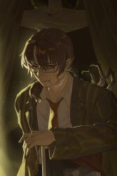  1boy absurdres beard_stubble black-framed_eyewear blood_on_cheek brown_coat brown_hair chinese_commentary cigarette coat collared_shirt commentary_request facial_hair glasses gregor_(project_moon) hair_over_shoulder highres holding_portrait lapels limbus_company lingmao_magicat long_hair long_sleeves looking_at_viewer male_focus mustache_stubble notched_lapels ponytail portrait_(object) project_moon semi-rimless_eyewear shirt smirk smoke smoking solo striped_coat stubble under-rim_eyewear upper_body vertical-striped_coat white_shirt wing_collar 