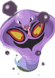  absurdres arbok black_eyes cobra_(animal) colored_skin commentary_request fangs highres looking_at_viewer no_humans open_mouth pocketekcop pokemon pokemon_(creature) pokemon_focus purple_skin snake solo white_background 