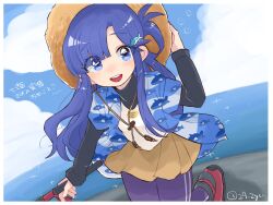  1girl 29_zyu :d asari_nanami asymmetrical_bangs blue_eyes blue_hair blue_sky collared_shirt commentary_request fish_hair_ornament fishing fishing_rod hair_ornament hair_rings hand_on_headwear hat highres holding holding_fishing_rod idolmaster idolmaster_cinderella_girls leggings light_blush ocean outdoors pleated_skirt purple_leggings red_shoes shirt shoes single_hair_ring skirt sky smile solo straw_hat turtleneck 