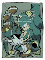  2boys animal_ears border cable commentary cramped disembodied_head furry furry_male gloves goatt344 green_eyes hedgehog_boy highres holding holding_detached_head humanoid_robot jitome male_focus metal_sonic multiple_boys red_shoes robot robot_boy shoes sketch sonic_(series) sonic_the_hedgehog untranslatable_commentary white_border white_gloves 