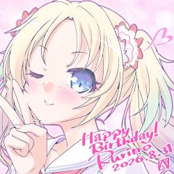  1girl ;) bekkankou blonde_hair blue_eyes blue_hair blush character_name commentary_request dated dress flower gradient_hair hair_flower hair_ornament happy_birthday hasu_no_sora_school_uniform heart lone_nape_hair long_hair looking_at_viewer love_live! love_live!_hasu_no_sora_jogakuin_school_idol_club multicolored_hair neckerchief one_eye_closed osawa_rurino parted_bangs pink_background pink_flower portrait red_neckerchief sailor_collar sailor_dress school_uniform smile solo summer_uniform v virtual_youtuber white_dress white_sailor_collar 
