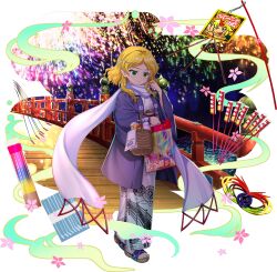  1girl aerial_fireworks alternate_costume blonde_hair blush bridge character_print closed_mouth fireworks game_asset green_eyes haori highres holding hoshiguma_yuugi japanese_clothes kimono mizuhashi_parsee night official_art pointy_ears print_kimono purple_haori rotte_(1109) rubber_duck sandals scarf simple_background solo third-party_source toes touhou touhou_lostword translation_request transparent_background white_kimono white_scarf wide_sleeves 