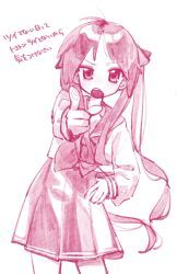  1girl absurdres ca_cq commentary_request cowboy_shot hair_ribbon hand_on_own_hip highres hiiragi_kagami long_hair long_sleeves looking_at_viewer lucky_star monochrome open_mouth pleated_skirt pointing pointing_at_viewer ribbon ryouou_school_uniform sailor_collar school_uniform serafuku simple_background sketch skirt solo standing tsurime twintails v-shaped_eyebrows white_background 