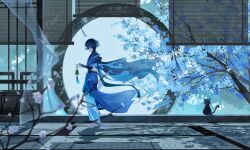  1boy absurdres adapted_costume barefoot bell belt black_belt black_bodysuit black_cat black_hair blue_cape blue_hair blue_sleeves blunt_ends bodysuit cape cat colored_inner_hair commentary doorway english_commentary facing_to_the_side flower from_side genshin_impact gold_bell hand_up highres holding holding_bell japanese_clothes kimchau_sumi kimono layered_sleeves male_focus multicolored_hair o-ring pants purple_rope rope scaramouche_(genshin_impact) shadow short_sleeves side_cape sliding_doors solo standing tassel toes tree tulaytullah's_remembrance_(genshin_impact) turtleneck turtleneck_bodysuit wanderer_(genshin_impact) white_flower white_kimono white_pants white_sleeves window_blinds wolf_cut 