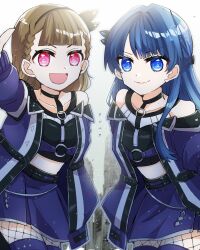  2girls :d ampere_(love_live!) bare_shoulders black_shirt blue_eyes blue_hair blue_skirt blue_thighhighs braid brown_hair center-flap_bangs coat collarbone commentary cowboy_shot detached_sleeves fishnet_pantyhose fishnets highres kachimachi_kosuzu kanduki_kamibukuro long_sleeves looking_at_viewer love_live! love_live!_hasu_no_sora_jogakuin_school_idol_club midriff miniskirt mole mole_on_neck multiple_girls murano_sayaka off_shoulder open_clothes open_coat open_mouth pantyhose pink_eyes pleated_skirt shirt side_braids skirt sleeveless sleeveless_shirt smile thigh-highs virtual_youtuber 