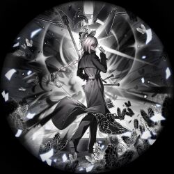  1girl absurdres animal_print black_coat black_pants border braid bug butterfly butterfly_hair_ornament butterfly_print coat commentary_request e.g.o_(project_moon) faust_(project_moon) full_body funeral_of_the_dead_butterflies gun hair_ornament highres korean_commentary limbus_company long_hair looking_at_viewer pants project_moon rifle round_border sniper_rifle solemn_lament_(e.g.o) solo very_long_hair weapon white_butterfly white_hair zerobig 