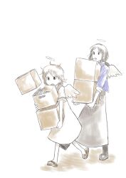  2girls absurdres alternate_hairstyle angel angel_wings black_boots black_skirt boots box brown_eyes cigarette commentary_request denim denim_jacket dress flip-flops haibane_renmei halo highres holding holding_box jacket long_skirt multiple_girls orange_sailor_collar ponytail rakka_(haibane_renmei) reki_(haibane_renmei) sailor_collar sailor_dress sandals skirt sleeves_rolled_up static_cling walking white_background wings yasu_(shijimi_8) 