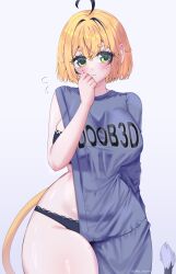  ahoge blonde_hair blush bra breasts covered_navel dooby embarrassed green_eyes highres jerboa_tail large_breasts mole mole_on_thigh panties shirt sillymyne thick_thighs thighs underwear 