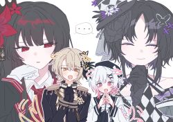  ... 4girls :d ^_^ aiguillette animal_ears bare_shoulders beret black_choker black_coat black_gloves black_hair black_hat black_kimono black_shirt blonde_hair butterfly_hair_ornament checkered_sleeves choker closed_eyes closed_mouth coat collared_coat collared_shirt commentary_request crown curtained_hair diamond_hair_ornament dog_ears drawn_ears dress epaulettes flower flower-trimmed_sleeves frilled_sleeves frills furisode gloves gradient_hair hair_between_eyes hair_flower hair_ornament hand_on_own_chin hasumi_leia hat hat_flower hat_ribbon high_collar highres housho_margo interlocked_fingers japanese_clothes kimono korean_commentary lolita_fashion long_hair long_sleeves mahou_shoujo_no_majo_saiban mini_crown mistyhama multicolored_hair multiple_girls neck_ribbon necktie nikaido_hiro off-shoulder_dress off_shoulder open_mouth own_hands_clasped own_hands_together pink_eyes pink_hair red_eyes red_flower red_necktie ribbon sakuraba_ema sash shirt short_hair shoulder_sash simple_background sleeveless sleeveless_coat smile spoken_ellipsis top_hat wa_lolita white_background white_flower white_gloves white_hair white_ribbon white_shirt white_sleeves wide_sleeves x_hair_ornament yellow_eyes 