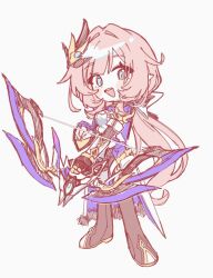  1girl black_boots blue_eyes boots bow_(weapon) chibi chibi_only commentary corset elf elysia_(honkai_impact) elysia_(miss_pink_elf)_(honkai_impact) highres holding holding_bow_(weapon) holding_weapon honkai_(series) honkai_impact_3rd long_hair looking_at_viewer mi_(27782900) pink_hair pointy_ears simple_background smile solo very_long_hair weapon white_background white_corset 