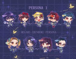  4girls 5boys blonde_hair brown_eyes celexcity chibi chibi_only commentary copyright_name english_commentary glasses hat highres kido_reiji long_hair looking_at_viewer mayuzumi_yukino megami_tensei multiple_boys multiple_girls persona persona_1 purple_hair school_uniform sonomura_maki st._hermelin_school_uniform toudou_naoya violet_eyes yellow_hat 