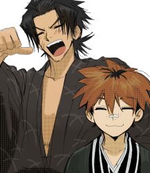  2boys bandage_on_nose black_hair black_kimono blush brown_hair closed_eyes freckles harada_sanosuke_(peace_maker_kurogane) highres japanese_clothes kimono ku78935 male_focus multiple_boys nagakura_shinpachi_(peace_maker_kurogane) open_mouth peace_maker_kurogane pointing pointing_at_self pointing_with_thumb short_hair smile teeth upper_teeth_only white_background 