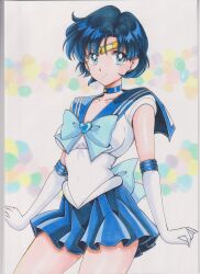  1girl absurdres back_bow bishoujo_senshi_sailor_moon blue_bow blue_bowtie blue_choker blue_eyes blue_hair blue_sailor_collar blue_skirt bow bowtie brooch chikoto_(kztc4472) choker circlet commentary elbow_gloves gloves heart heart_brooch highres jewelry looking_at_viewer mizuno_ami pleated_skirt sailor_collar sailor_mercury sailor_senshi_uniform short_hair skirt solo traditional_media white_gloves 