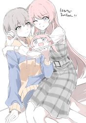  2girls arms_around_neck bang_dream! bang_dream!_it's_mygo!!!!! birthday blue_hoodie blush character_cake chihaya_anon commentary_request dress fang grey_dress grey_eyes grey_hair highres hood hoodie long_hair multiple_girls one_eye_closed pinafore_dress pink_eyes pink_hair plaid_clothes plaid_dress shirt short_hair simple_background sitting sitting_on_lap sitting_on_person sleeveless sleeveless_dress smile suudori takamatsu_tomori two-tone_hoodie white_background white_shirt yellow_hoodie yuri 
