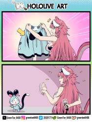  1girl ^^^ ^_^ absurdres animal_ears chattino_(raora_panthera) closed_eyes commentary english_commentary goggles goggles_on_head hair_intakes highres holding holding_behind_back hololive hololive_english long_hair multicolored_hair open_mouth panther_ears panther_girl panther_tail pink_hair raora_panthera raora_panthera_(1st_costume) shears smile streaked_hair tail virtual_youtuber waving white_hair zetsuental 