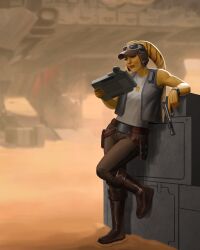  1girl absurdres alien black_vest blue_eyes boots brown_boots brown_hat brown_pants colored_skin eyewear_on_headwear gun handgun hat highres holding holding_gun holding_weapon lekku_(anatomy) open_clothes open_vest pants shinjokoga shirt sleeveless sleeveless_shirt solo star_wars twi'lek vest weapon white_shirt yellow_skin 