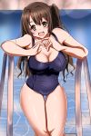  1girl breasts brown_eyes brown_hair cleavage female highres idolmaster idolmaster_cinderella_girls long_hair school_swimsuit shimamura_uzuki solo standing swimsuit tranquilizer_(bestcenter) 