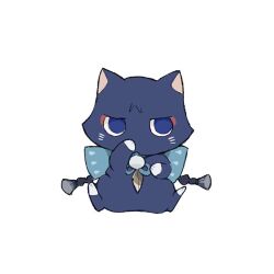  animalization black_cat black_rope blue_bow blue_eyes bow cat chiila eyeliner feathers genshin_impact hand_on_own_face hand_up highres large_bow looking_to_the_side makeup no_humans no_mouth pom_pom_(clothes) red_eyeliner rope scaramouche_(cat)_(genshin_impact) scaramouche_(genshin_impact) sitting whiskers white_background yellow_feathers 