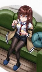  1girl arm_belt black_shorts blue_eyes brown_hair brown_jacket brown_pantyhose closed_mouth collared_shirt commentary_request couch crossed_bangs eating food full_body hair_between_eyes highres holding holding_food holding_spoon indoors jacket long_hair long_sleeves looking_at_viewer makise_kurisu necktie nq6k95 off_shoulder on_couch pantyhose pillow pudding red_necktie science_adventure shirt short_shorts shorts sitting slippers solo spoon steins;gate white_shirt wooden_floor 