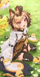  1girl absurdres ahoge alternate_costume black_tail black_thighhighs blonde_hair braid brown_dress brown_hair cape chipsketch commentary crown_braid day dress english_commentary fangs gigi_murin grass grem_(gigi_murin) highres hololive looking_ahead medium_hair multicolored_hair on_ground open_mouth outdoors pink_eyes popo_(gigi_murin) sitting smile thigh-highs two-tone_hair two_side_up white_cape 