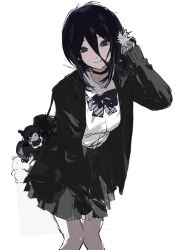  1girl bag bag_charm black_cardigan black_choker breasts cardigan chainsaw_man character_charm charm_(object) chinese_commentary choker closed_mouth commentary_request cowboy_shot daisy_(flower) flower green_eyes grenade_pin grey_cardigan grey_skirt hair_between_eyes hair_flower hair_ornament hand_in_own_hair highres knees_together_feet_apart kuromi light_blush long_hair_between_eyes medium_breasts medium_hair my_melody_(series) neck_ribbon pleated_skirt purple_hair purple_ribbon revision reze_(chainsaw_man) ribbon sanrio shirt shoulder_bag shuishuisama simple_background sketch skirt smile solo white_background white_flower white_shirt 