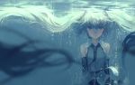  1girl bare_shoulders blue_eyes blue_hair bubble detached_sleeves hatsune_miku headset kklaji008 long_hair looking_at_viewer necktie shirt solo twintails underwater very_long_hair vocaloid 