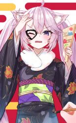  1girl ahoge animal_ears black_kimono blush cat_ears cat_girl commentary highres indie_virtual_youtuber japanese_clothes kimono kroble long_hair nyatasha_nyanners one_eye_closed open_mouth pink_hair solo twintails violet_eyes virtual_youtuber 