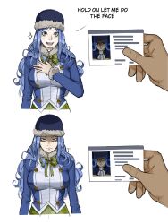  1girl blue_capelet blue_eyes blue_hair blue_hat bow bowtie breasts capelet commentary fairy_tail fur-trimmed_headwear fur_hat fur_trim grey_eyes hat highres hold_on_let_me_do_the_face_(meme) holding holding_id_card id_card juvia_lockser large_breasts long_hair loupi meme pale_skin serious simple_background smile white_background 