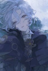  1boy ahoge ascot black_jacket black_vest blue_hair collared_jacket collared_shirt day eyelashes gem genshin_impact hair_between_eyes high_collar highres jacket jewelry lapels looking_at_viewer lying male_focus me110w_w mitya_(genshin_impact) on_side open_clothes open_jacket outdoors pendant purple_jacket shirt short_hair snow solo tassel teeth two-sided_fabric two-sided_jacket vest violet_eyes wavy_hair white_ascot white_shirt winter yellow_gem 