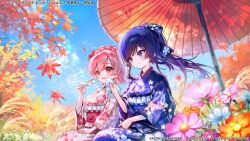  2girls assault_lily autumn autumn_leaves blue_sky blush bow braid brown_eyes closed_mouth clouds commentary_request copyright_request crown_braid dango day falling_leaves floating_hair floral_print flower food food_on_face frilled_kimono frills hair_bow hand_on_lap handkerchief hands_up high_ponytail hitotsuyanagi_riri holding holding_food holding_handkerchief itou_shizu_(assault_lily) japanese_clothes kimono leaf long_sleeves looking_at_another looking_to_the_side multiple_girls obi official_alternate_costume official_alternate_hairstyle official_art oil-paper_umbrella open_mouth orange_flower outdoors pink_flower pink_hair ponytail print_bow print_kimono purple_bow purple_hair purple_kimono red_flower sash short_hair sideways_glance sitting sky smile syukonbu teeth umbrella upper_teeth_only violet_eyes wagashi white_flower wiping_another's_face 