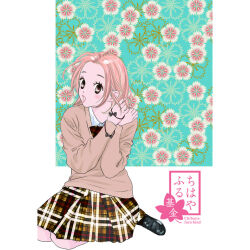  1girl adjusting_hair black_bow black_shoes bow brown_eyes brown_hair brown_sweater chihayafuru floral_background hair_tie hair_tie_on_wrist holding holding_hair_tie loafers long_sleeves medium_hair official_art ooe_kanade open_mouth plaid_bow plaid_clothes plaid_skirt polka_dot polka_dot_bow promotional_art school_uniform shirt shoes skirt solo suetsugu_yuki sweater white_shirt 
