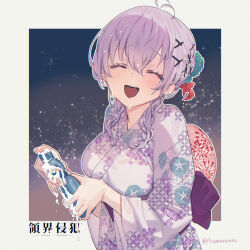  1girl :d antenna_hair black_ribbon blush bottle bow braid breasts closed_eyes commentary_request copyright_name deep_one:_ryoukai_shinpan facing_viewer fish_hair_ornament flower from_side goldfish_hair_ornament hair_flower hair_ornament hair_ribbon hand_fan highres holding holding_bottle itsukino_ichika japanese_clothes kanzashi kimono large_breasts looking_down medium_hair natsuhiko obi open_mouth outside_border paper_fan print_kimono purple_bow purple_hair purple_sash ramune ribbon ribbon_in_braid sash shippou_(pattern) short_hair_with_long_locks side_braid sidelocks smile solo spilling uchiwa underbust upper_body wet wet_face white_kimono wide_sleeves yukata 