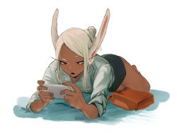  1girl absurdres animal_ears bag boku_no_hero_academia clauschristmas dark-skinned_female dark_skin handheld_game_console highres legs long_eyelashes long_hair lying mirko nintendo_switch on_stomach playing_games playing_video_games rabbit_ears rabbit_girl red_eyes shirt skirt white_hair white_shirt 
