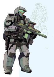  1boy armor assault_visor combat_helmet gloves greaves gun halo_(series) helmet highres holster light_machine_gun load-bearing_vest machine_gun mecha military multiple_views power_armor radiator robot science_fiction scope shoulder_armor solo solo_focus spartan_(halo) tactical_gloves the_count_of_s thigh_holster weapon white_background 