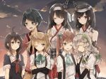  6+girls :&lt; ^_^ aqua_eyes arm_warmers asagumo_(kantai_collection) ascot bare_shoulders black_hair blue_eyes blush braid brown_hair chibirisu closed_eyes crossed_arms detached_sleeves double_bun dusk fusou_(kantai_collection) green_eyes hair_ornament hairband headband highres japanese_clothes kantai_collection light_brown_hair long_hair low-tied_long_hair michishio_(kantai_collection) mogami_(kantai_collection) multiple_girls neckerchief one_eye_closed pleated_skirt red_eyes red_skirt sailor_collar school_uniform serafuku shigure_(kantai_collection) short_hair shorts silver_hair single_braid skirt smile suspenders twintails wavy_hair yamagumo_(kantai_collection) yamashiro_(kantai_collection) 