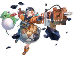  1girl 404_game_re:set audio_jack beanie black_gloves black_hair black_hat boots braid brown_dress brown_hair cable cathode_(404_game_re:set) character_doll debris dig_dug doll dress drill frygar full_body gloves grey_dress grey_hair hat hat_tassel holding looking_at_viewer medium_hair multicolored_dress multicolored_hair official_art orange_boots orange_dress outstretched_arm personification quilted_clothes quilted_dress simple_background solo tassel third-party_source twin_braids violet_eyes white_background yuugen 