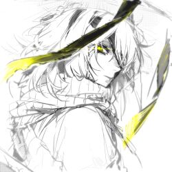  1girl 2jomii animal_ears closed_mouth commentary_request faust_(project_moon) greyscale hat heishou_pack-mao_branch_(identity)_(project_moon) jacket limbus_company looking_at_viewer monochrome project_moon rabbit_ears rice_hat scarf short_hair simple_background solo spot_color yellow_eyes 