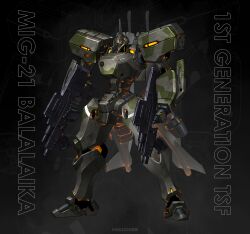  absurdres artist_name assault_visor black_background camouflage commentary dual_wielding english_commentary english_text full_body grenade_launcher gun highres holding holding_gun holding_weapon kreuzer_00 large_variant_set lineart_zoom_layer machine_gun mecha mecha_focus mig-21_balalaika_(muv-luv) muv-luv muv-luv_alternative no_humans radio_antenna robot schwarzesmarken science_fiction standing tactical_surface_fighter underbarrel_grenade_launcher variant_set watermark weapon yellow_assault_visor 