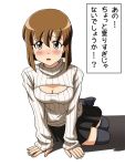  1girl arm_support black_legwear blush breasts brown_eyes brown_hair cleavage hagiwara_yukiho idolmaster leaning_forward lielos miniskirt open-chest_sweater open_mouth pleated_skirt ribbed_sweater short_hair sitting skirt solo sweater thigh-highs turtleneck white_background 