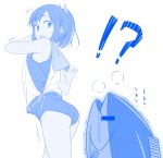  !? 1girl fish from_below himura_kiseki i-401_(kantai_collection) kantai_collection looking_back monochrome one-piece_swimsuit ponytail sailor_collar school_swimsuit short_hair short_ponytail simple_background sleeveless solo swimsuit swimsuit_under_clothes translated white_background 