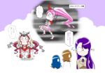  4girls bent_over blue_hair brown_hair chibi comic crossover cure_blossom female glasses heartcatch_precure! highres kamen_rider kamen_rider_kabuto kijinaka_mahiro kurumi_erika magical_girl multiple_girls myoudouin_itsuki o_o parody pink_hair precure purple_hair running school_uniform speech_bubble sweatdrop text tsukikage_yuri 