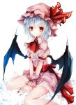  1girl basilis9 bat_wings blue_hair brooch fingernails hat highres jewelry red_eyes remilia_scarlet ribbon short_hair sitting solo touhou wariza wings 