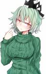  1girl green_hair hat kitunemimi short_hair simple_background soga_no_tojiko solo sweater tate_eboshi touhou white_background yellow_eyes 