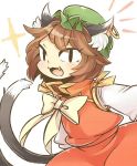 1girl animal_ears bow brown_hair cat_ears cat_tail chen earrings fang hat ibarashiro_natou jewelry multiple_girls multiple_tails open_mouth short_hair smile solo tail touhou 
