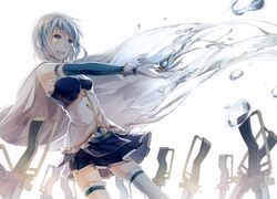  1girl armband blue_eyes blue_hair cape droplets field_of_blades gloves irasuto0719 magical_girl mahou_shoujo_madoka_magica miki_sayaka short_hair solo soul_gem sword tears thigh-highs water weapon zettai_ryouiki 