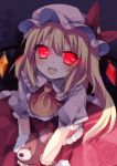  1girl artist_name ascot blonde_hair bow dated fang flandre_scarlet glowing glowing_eyes hat mikazuki_sara open_mouth red_eyes short_hair side_ponytail signature smile solo teddy touhou wings 