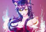  1girl :o animal_ears blue_fire blush breasts cleavage collarbone detached_sleeves facial_mark fang fire fox_ears highres korean_clothes league_of_legends long_hair looking_at_viewer magic md5_mismatch medium_breasts nahri open_mouth parted_lips purple_background resolution_mismatch sidelocks simple_background solo tooth upper_body vastaya whisker_markings yellow_eyes yeyebirdie 